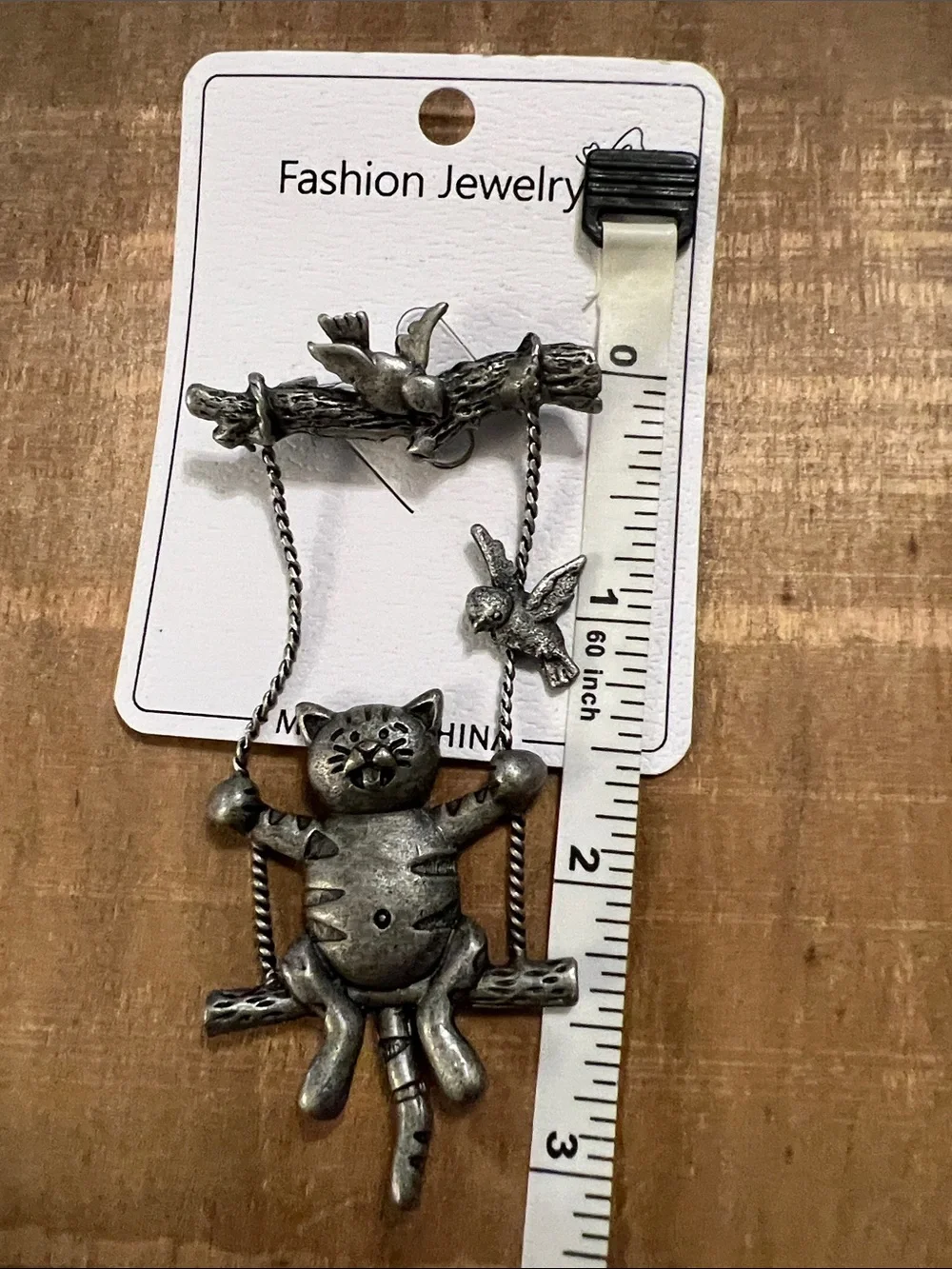 3/$18 Fashion Jewelry Antique Silver Cat on Swing Brooch with Bird Details 6058